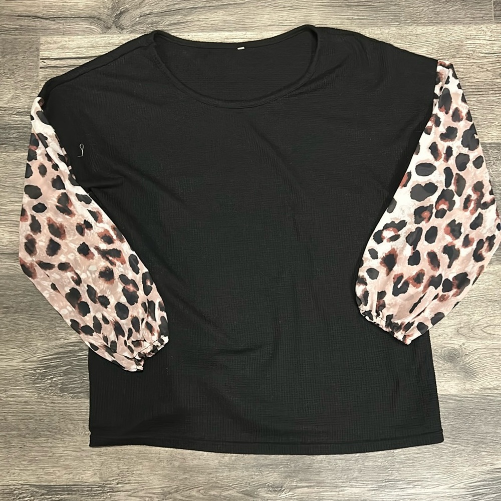 Women’s Black Top with Leopard Print Shear Sleeves